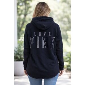 Victorias Secret PINK Womens Deep‎ V-Neck Love Pink Tunic Hoodie Small Black Y2K